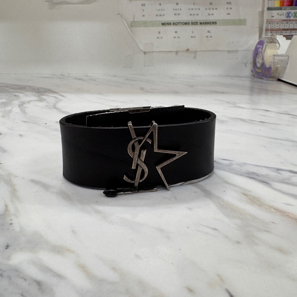 Yves Saint Laurent Black Leather Star YSL Buckle Belt